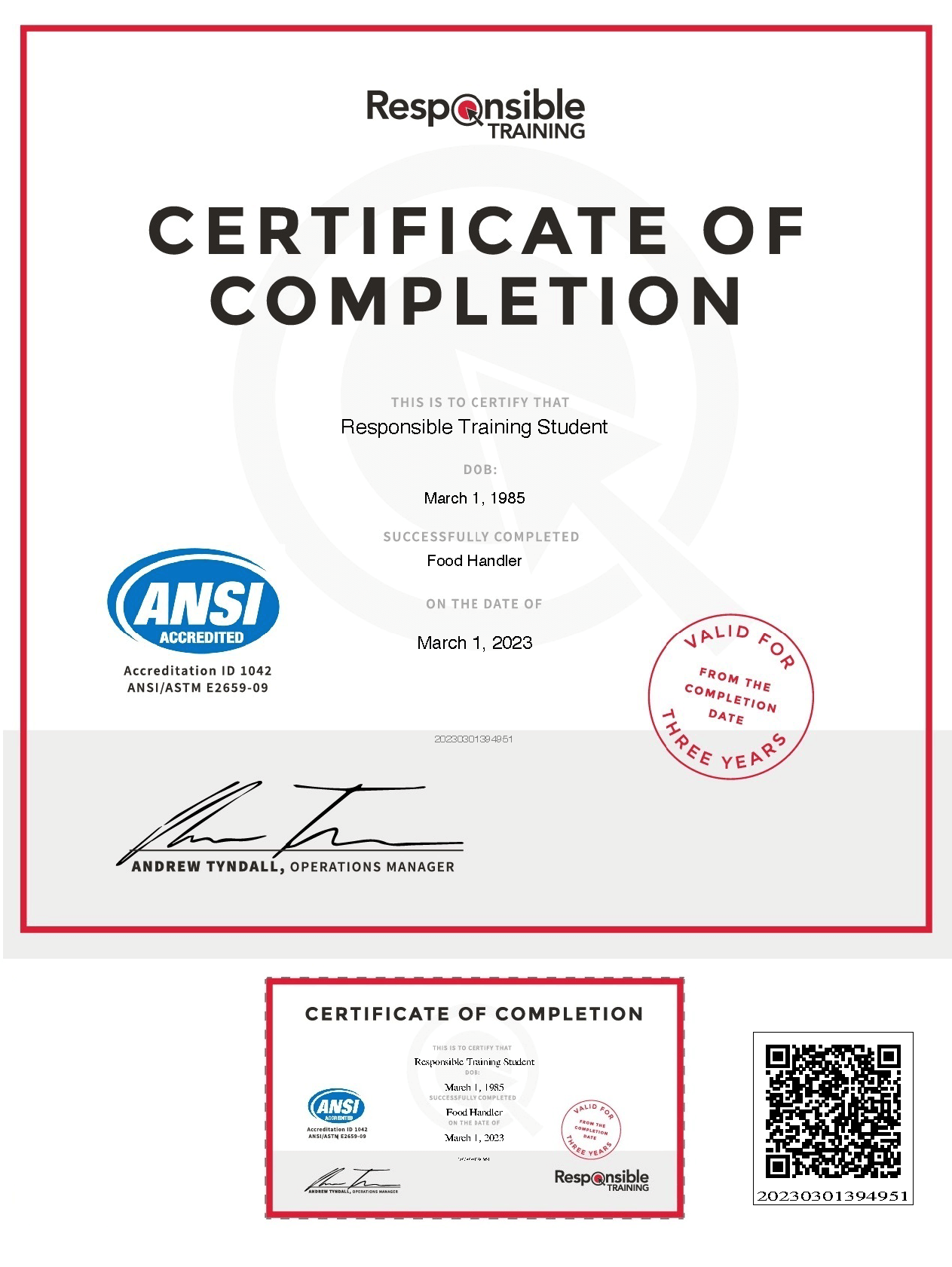 QR Codes On Food Handler & Food Manager Certificates Canes